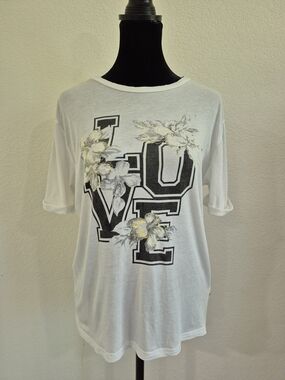 White 'LOVE' Graphic Tee with Floral Accents